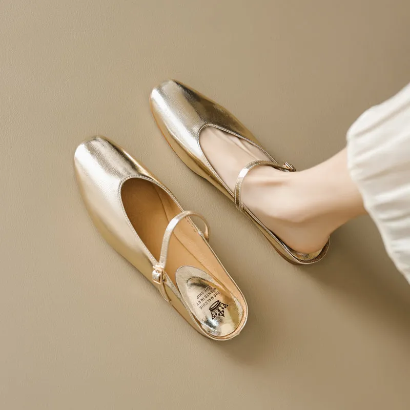 Women's Leather Metallic Color Flat Comfort Mary Jane Mule Shoes