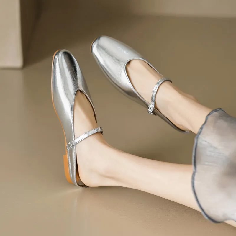 Women's Leather Metallic Color Flat Comfort Mary Jane Mule Shoes
