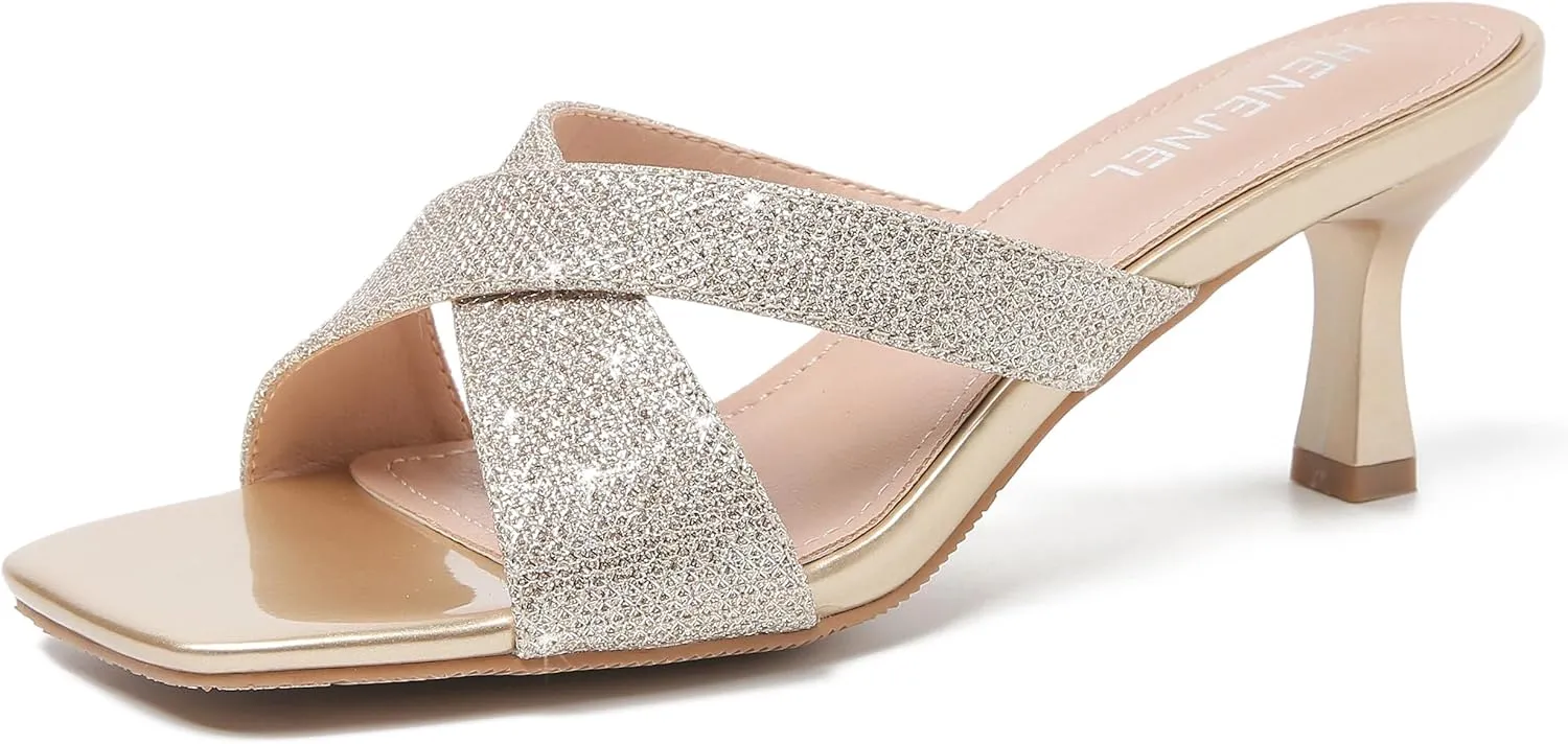 Womens Low Kitten Heel Mule Sandals Square Open Toe Cross Strap Slip on Slide Slippers Summer Wedding Evening Party Dress Shoes