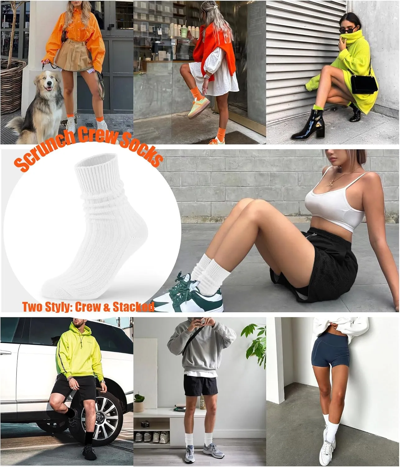 Women's Neon Scrunch Crew Socks 80s 90s Retro 3-Pack Cotton Stacked Boot Calf Cozy Ribbed Slouchy Socks Size 5-10