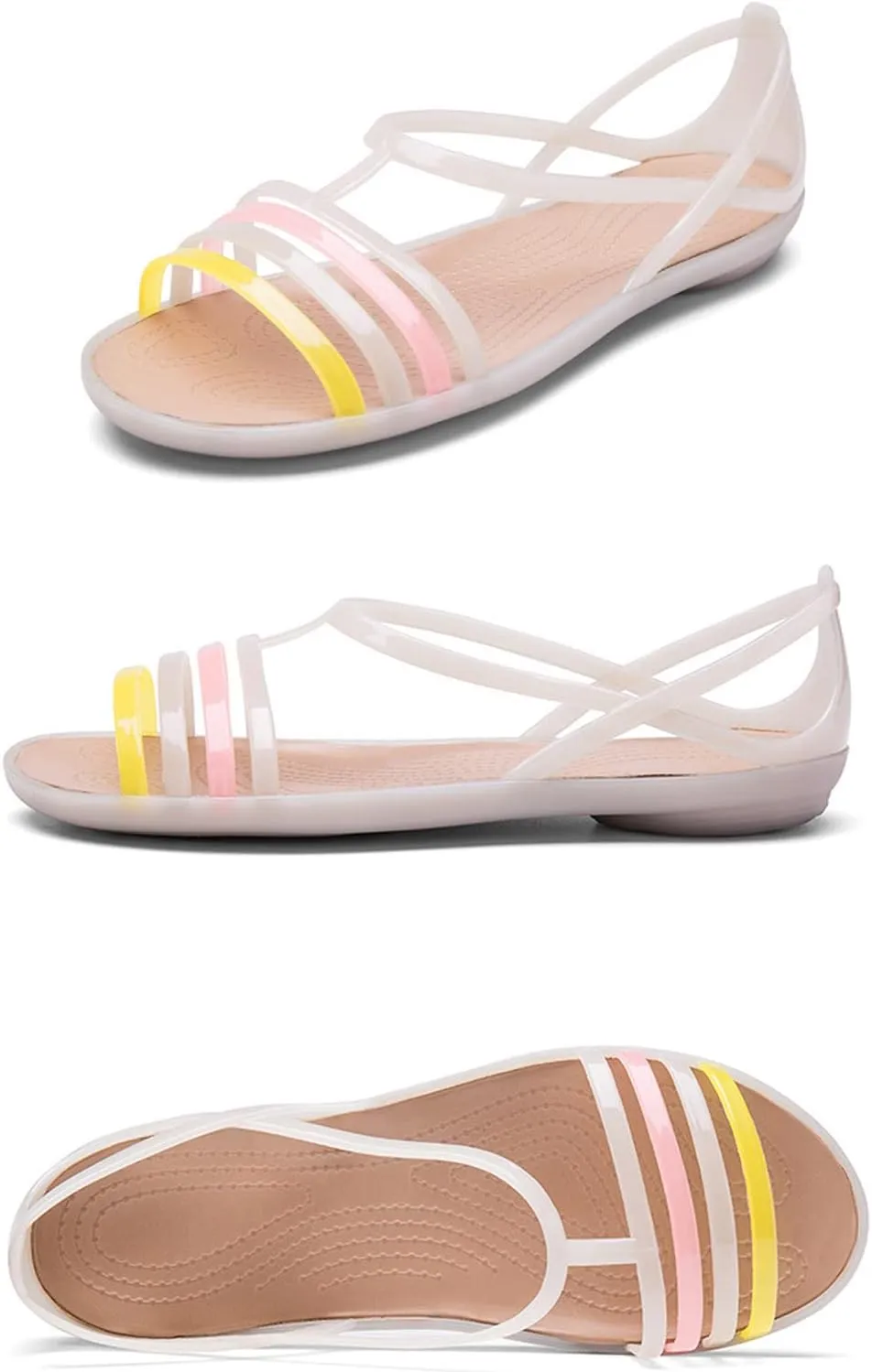 Women's Open Toe Colorful Neon Jelly Flat Sandals,Summer T-Strap Rainbow Gladiator Clear Rain Shoes Slip On Beach Casual Width Toe Sandals