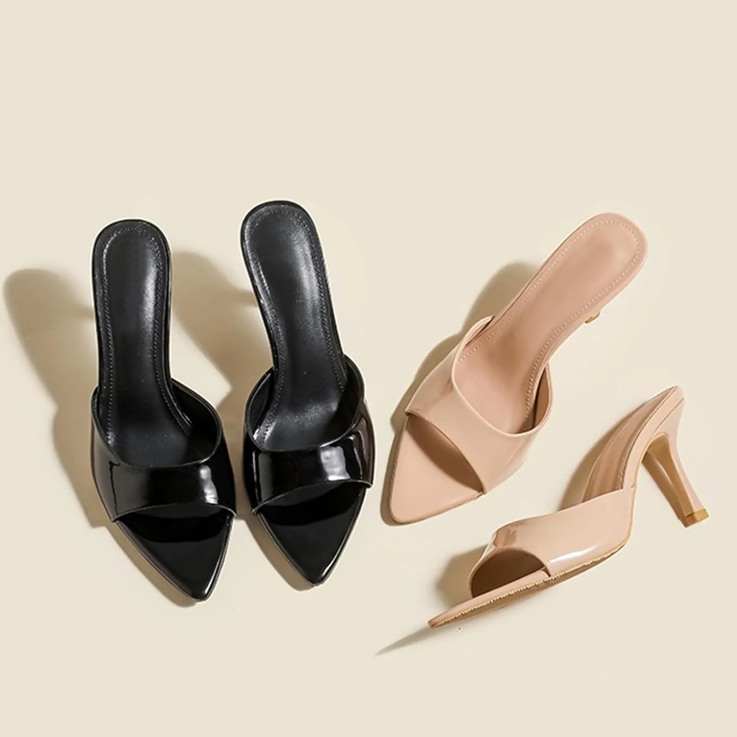 Women's Patent Leather Pointed Toe Open Toe High Heel Sandals Comfortable Slingback Slip-On Mule Sandals Fashionable Formal Party Dresses Pumps