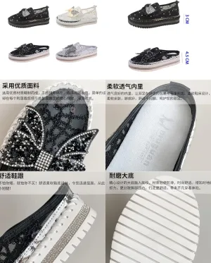 Women's Platform Rhinestones Glitter Sneakers,Fashion Cute Bow Comfy Breathe Canvas Hand-Stitching Slip On Casual Walking Flat Loafers