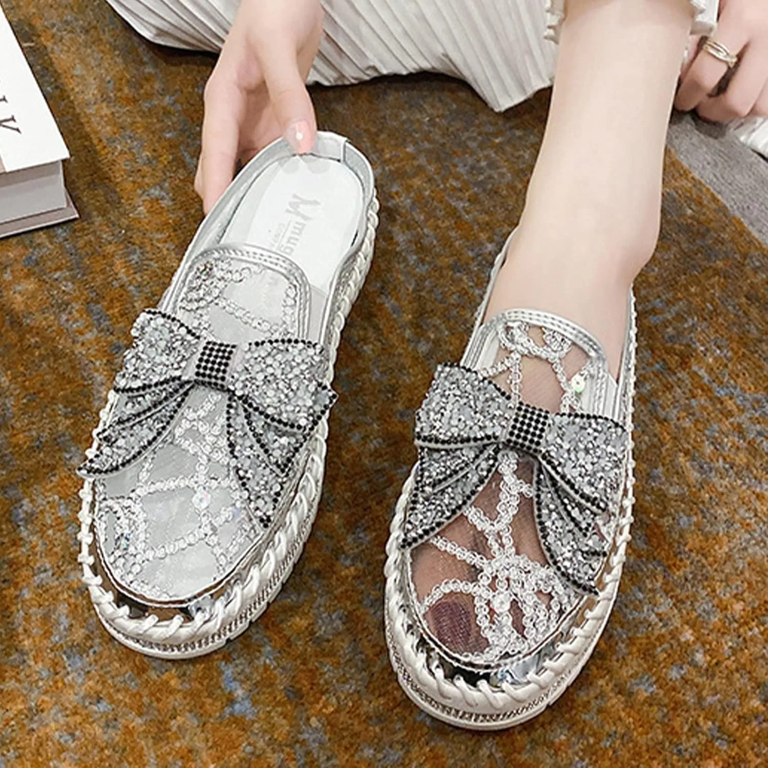 Women's Platform Rhinestones Glitter Sneakers,Fashion Cute Bow Comfy Breathe Canvas Hand-Stitching Slip On Casual Walking Flat Loafers