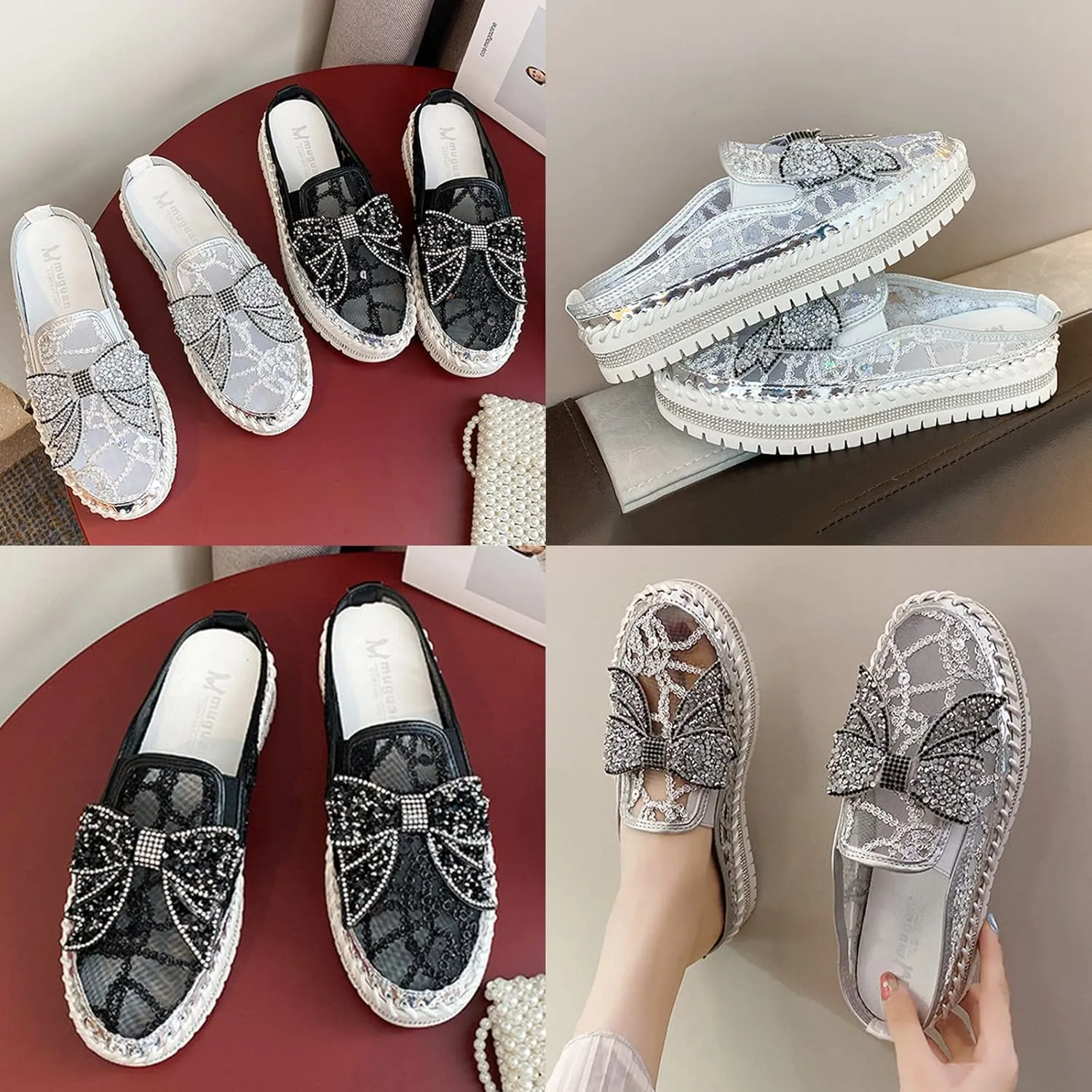 Women's Platform Rhinestones Glitter Sneakers,Fashion Cute Bow Comfy Breathe Canvas Hand-Stitching Slip On Casual Walking Flat Loafers