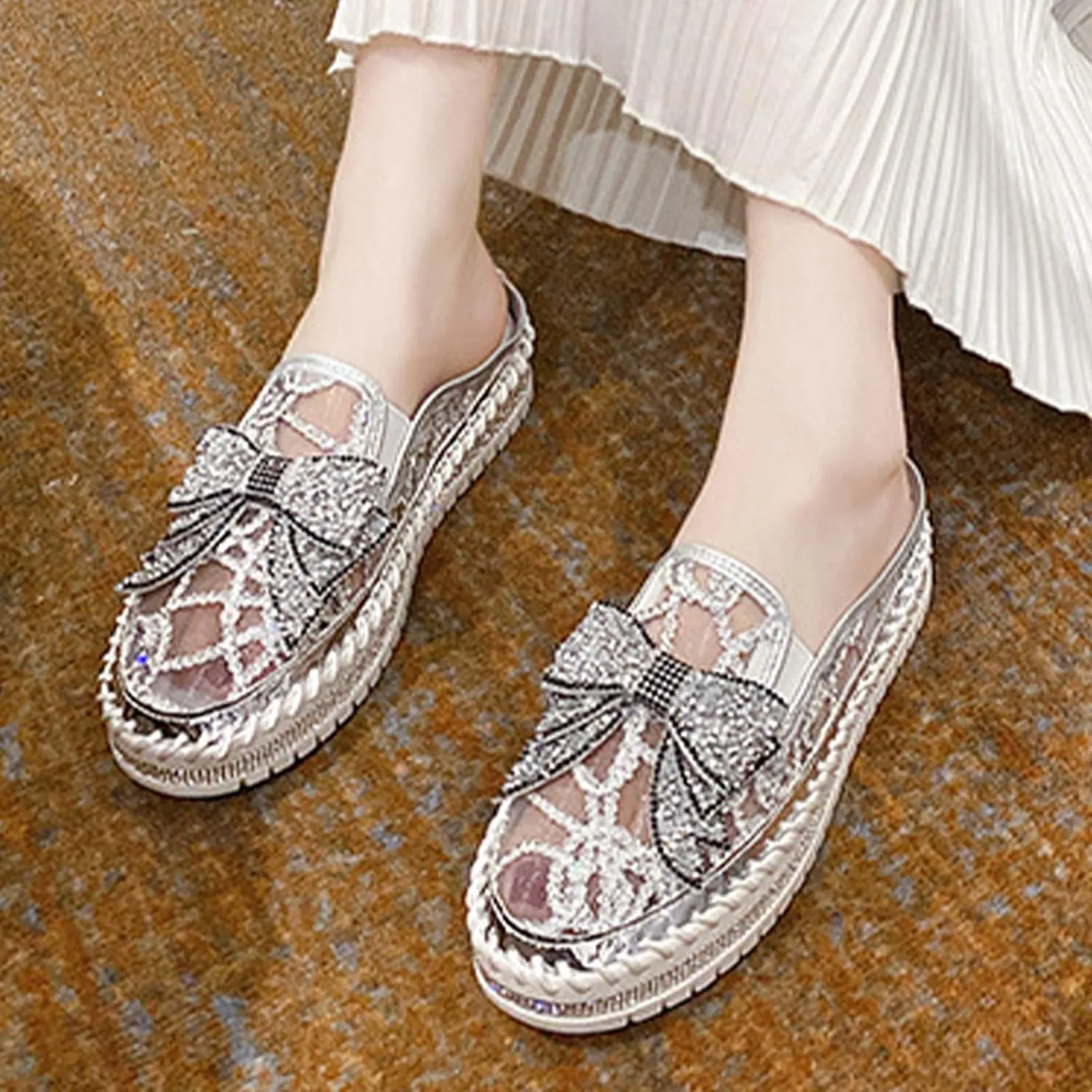 Women's Platform Rhinestones Glitter Sneakers,Fashion Cute Bow Comfy Breathe Canvas Hand-Stitching Slip On Casual Walking Flat Loafers