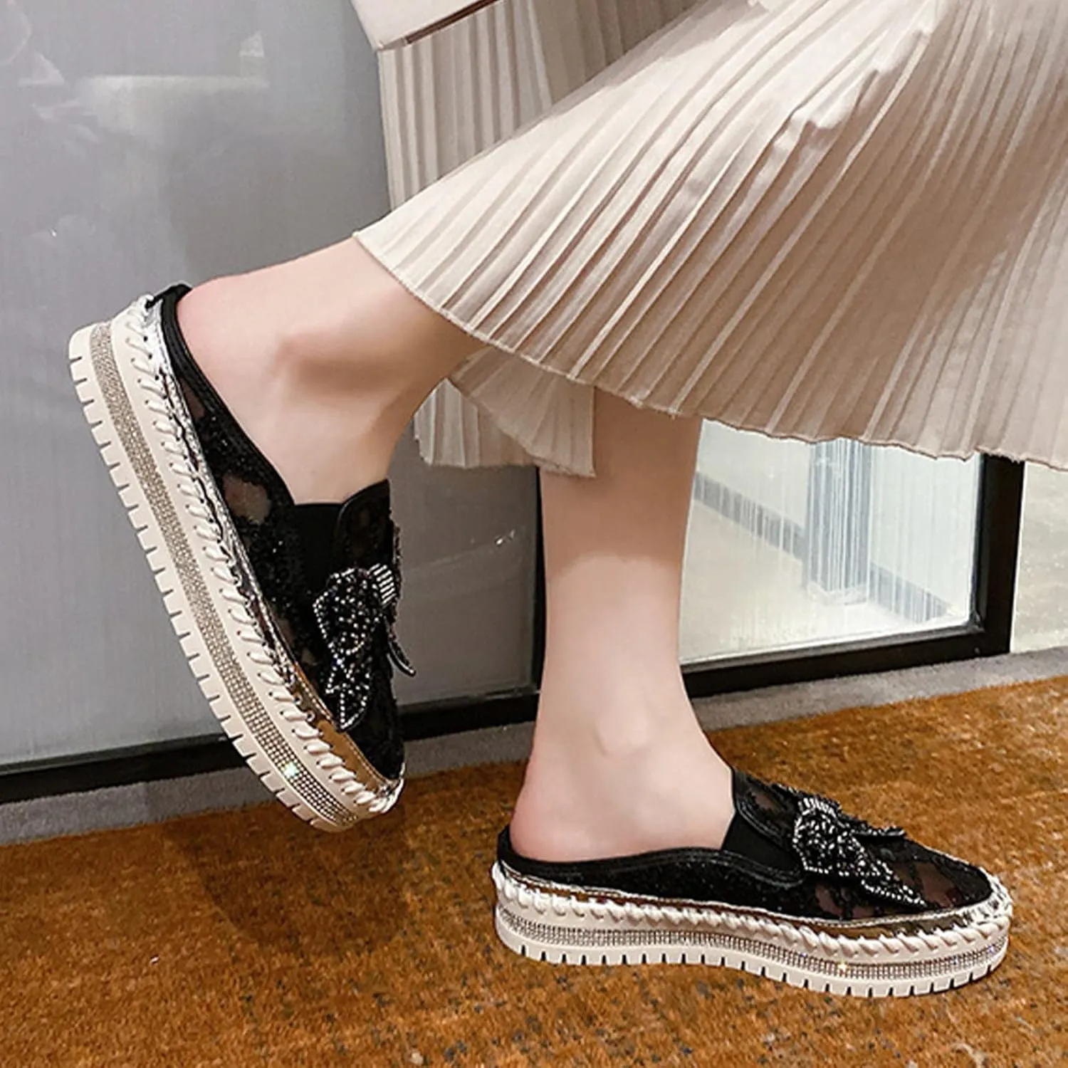 Women's Platform Rhinestones Glitter Sneakers,Fashion Cute Bow Comfy Breathe Canvas Hand-Stitching Slip On Casual Walking Flat Loafers