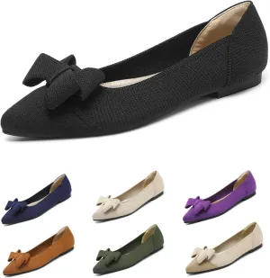 Women's Pointed Toe Knit Bow Ballet Flat Comfortable Breathable Mesh Slip On Work Office Dress Shoes Lightweight Non-Slip Mam Nurse Walking Shoes
