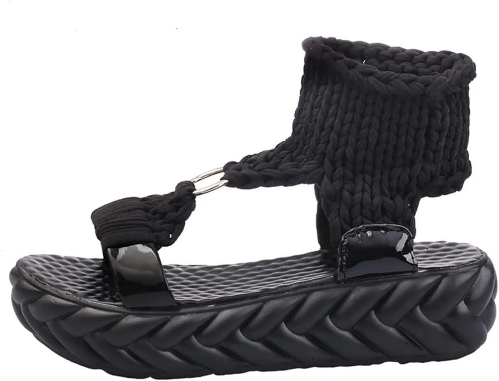 Women's Sandals with Arch Support Sandals Summer Flat Thick Bottomed Knitting Sandal Solid Ladies Platform Sandalias