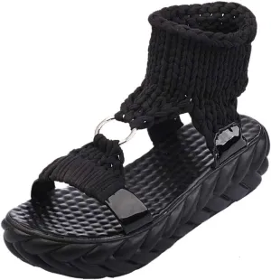 Women's Sandals with Arch Support Sandals Summer Flat Thick Bottomed Knitting Sandal Solid Ladies Platform Sandalias