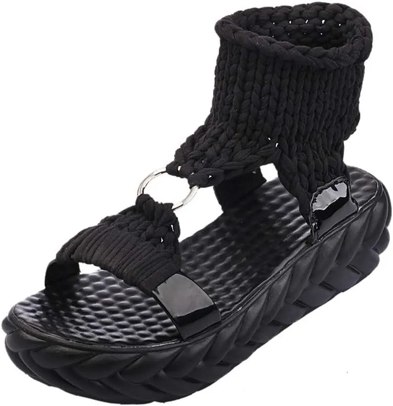 Women's Sandals with Arch Support Sandals Summer Flat Thick Bottomed Knitting Sandal Solid Ladies Platform Sandalias