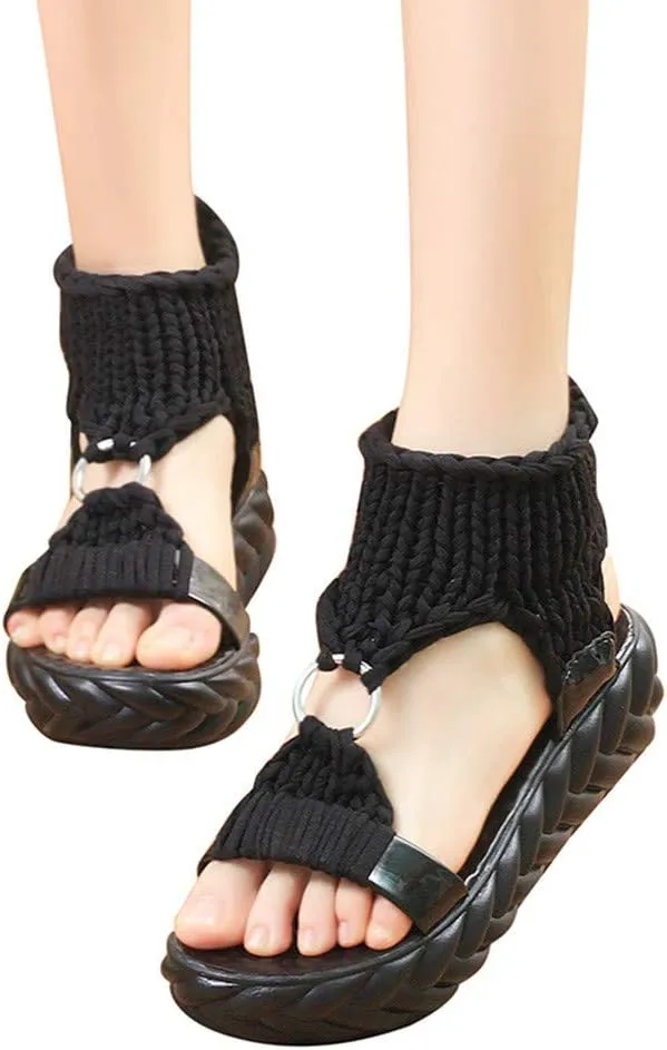 Women's Sandals with Arch Support Sandals Summer Flat Thick Bottomed Knitting Sandal Solid Ladies Platform Sandalias