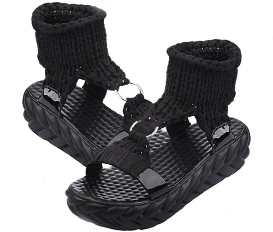 Women's Sandals with Arch Support Sandals Summer Flat Thick Bottomed Knitting Sandal Solid Ladies Platform Sandalias