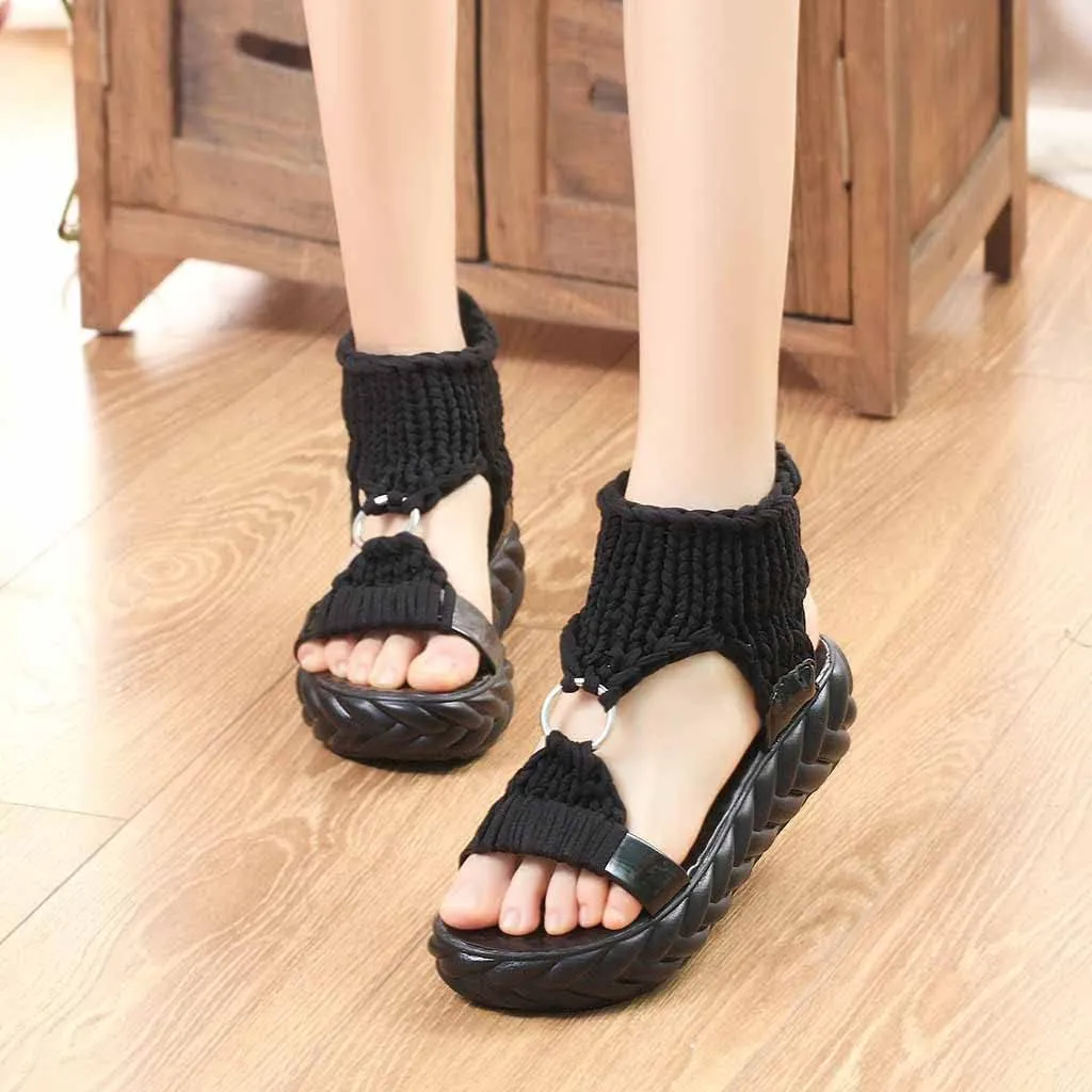 Women's Sandals with Arch Support Sandals Summer Flat Thick Bottomed Knitting Sandal Solid Ladies Platform Sandalias