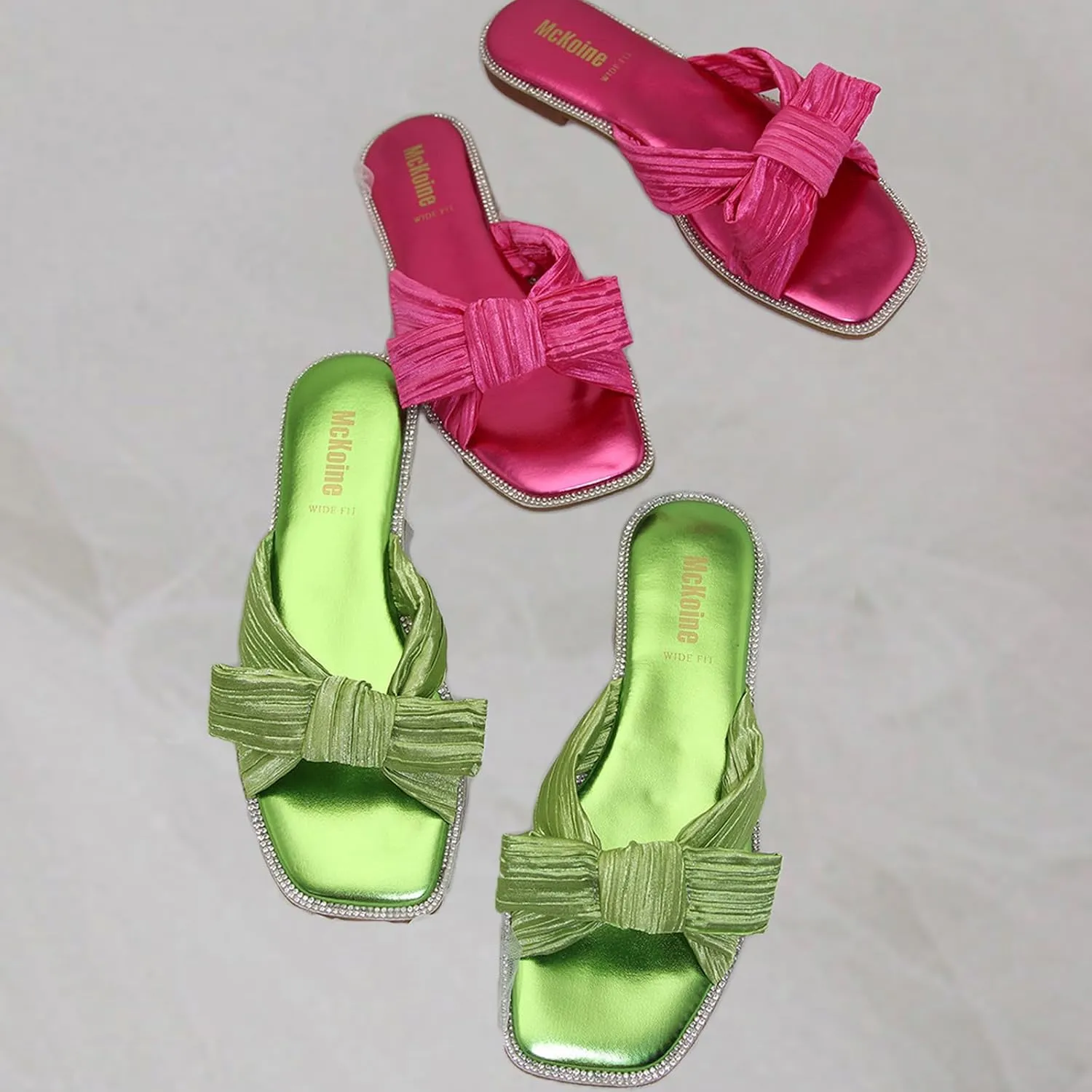 Women's Silk Pleated Bow Flat Slide Sandals Fashion Sexy Square Open Toe Slip-On Summer Dressy Slippers for Evening Party Wedding