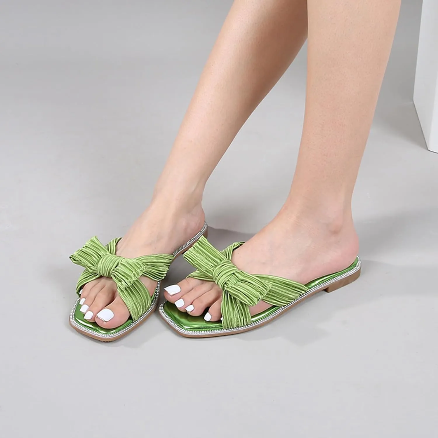 Women's Silk Pleated Bow Flat Slide Sandals Fashion Sexy Square Open Toe Slip-On Summer Dressy Slippers for Evening Party Wedding