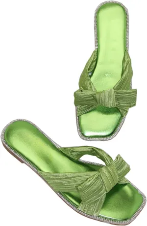 Women's Silk Pleated Bow Flat Slide Sandals Fashion Sexy Square Open Toe Slip-On Summer Dressy Slippers for Evening Party Wedding