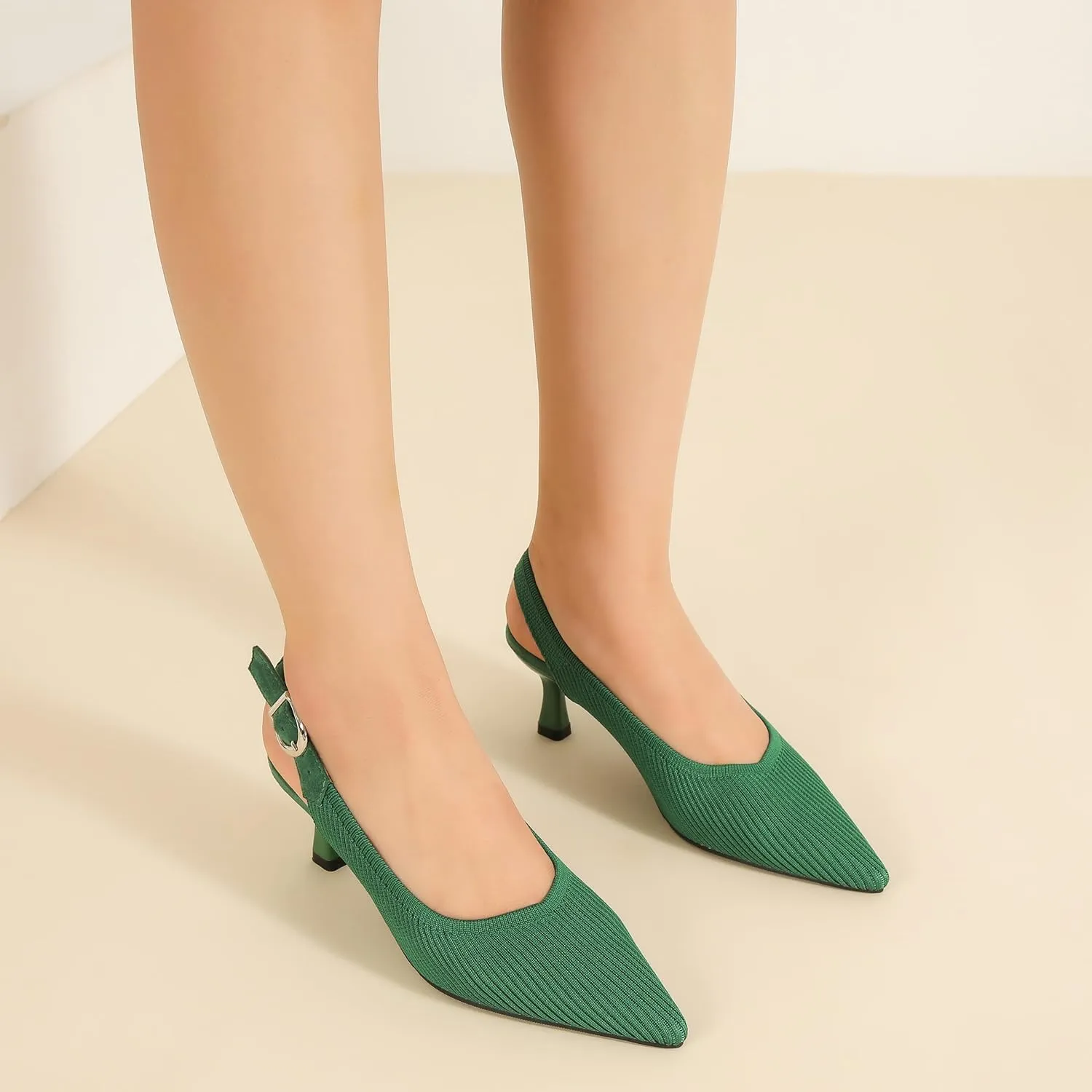 Women's Slingback Kitten Heels Pointed Toe Knit Pumps Slip On Dress Shoes