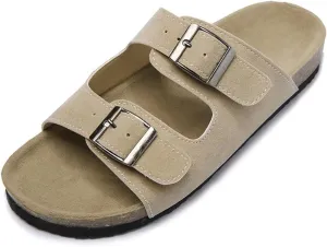 Womens Slippers Summer Fashion Women Cork Slipper Casual Double Buckle Non-slip Outside Nubuck Leather Slip on Slides