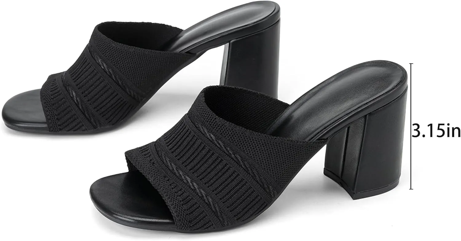 Women's Square Open Toe Heels Sandals, Mules Chunky Block Low Heel Comfortable Casual Dress Slip On Slides Shoes
