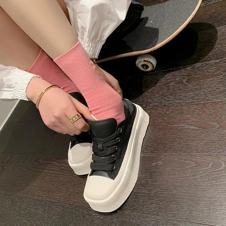 Women's Square Toe Thick Bottom Canvas Shoes Summer Casual Sports Slip On Shoes Platform Casual Sneakers