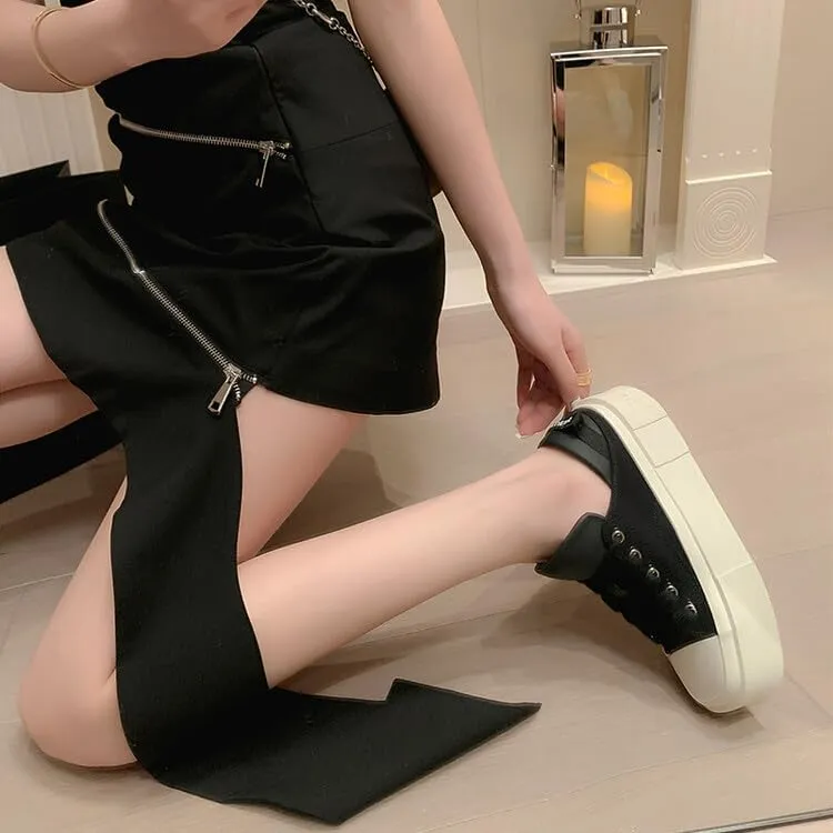 Women's Square Toe Thick Bottom Canvas Shoes Summer Casual Sports Slip On Shoes Platform Casual Sneakers