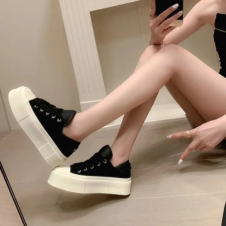 Women's Square Toe Thick Bottom Canvas Shoes Summer Casual Sports Slip On Shoes Platform Casual Sneakers