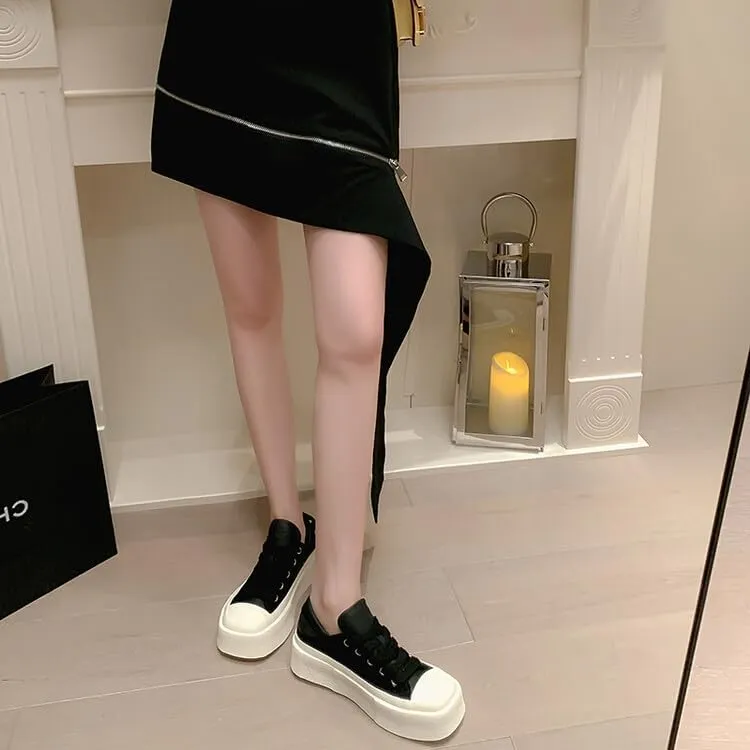 Women's Square Toe Thick Bottom Canvas Shoes Summer Casual Sports Slip On Shoes Platform Casual Sneakers