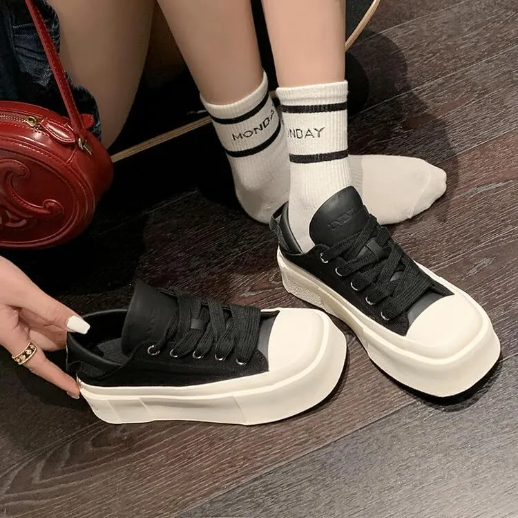 Women's Square Toe Thick Bottom Canvas Shoes Summer Casual Sports Slip On Shoes Platform Casual Sneakers