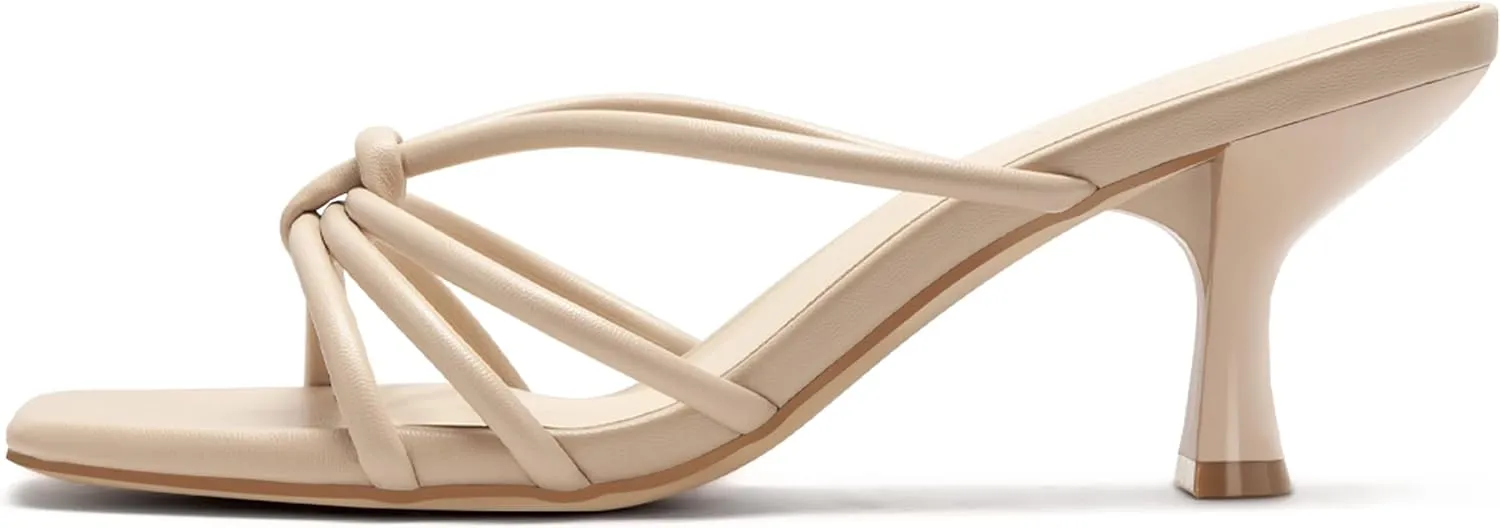 Women's Strappy Square Open Toe Kitten Heels Sandals Knotted Design Summer Fashion Slip On Mule Style