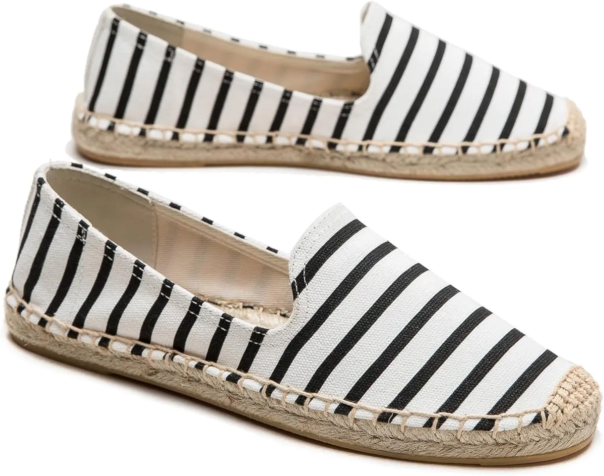 Women's Stripe Canvas Flat Espadrilles - Relaxed Comfort Espadrilles for Women Summer Canvas Slip On Shoes Easy to On/Off Suitable for Many Occasions