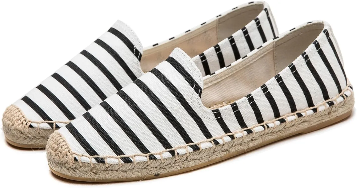 Women's Stripe Canvas Flat Espadrilles - Relaxed Comfort Espadrilles for Women Summer Canvas Slip On Shoes Easy to On/Off Suitable for Many Occasions