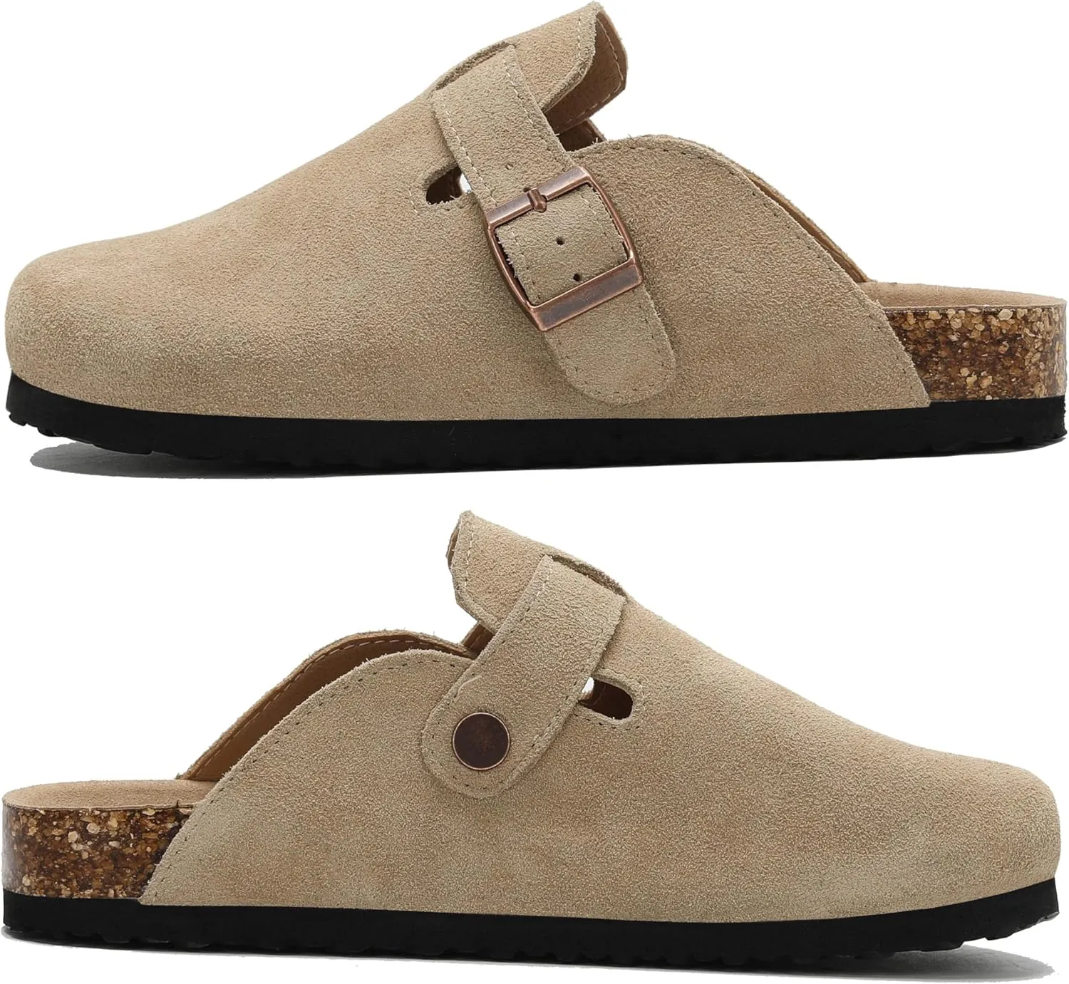 Women's Suede Clogs Men's Leather Mules Cork Footbed Sandals Slip-on Potato Shoes with Arch Support