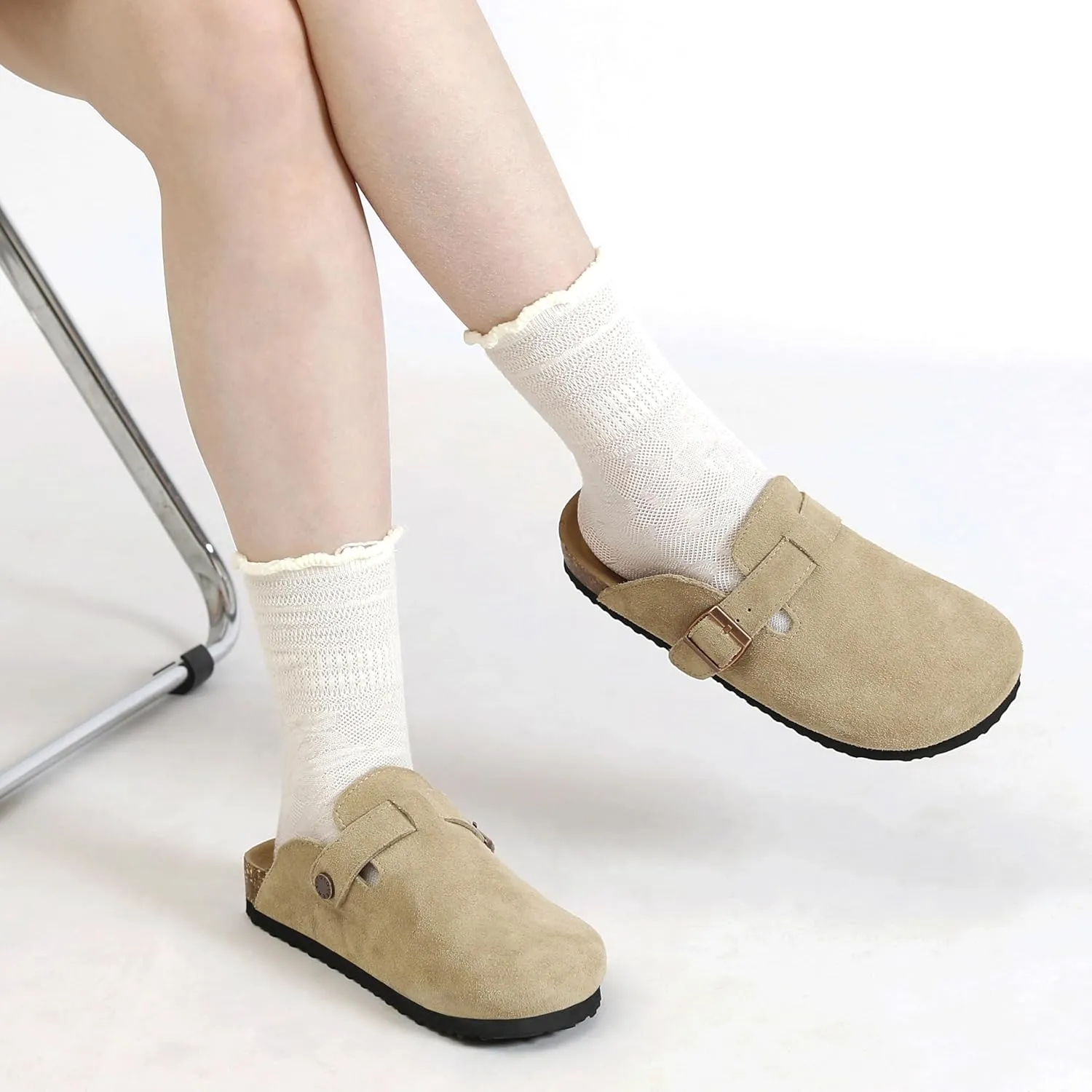 Women's Suede Clogs Men's Leather Mules Cork Footbed Sandals Slip-on Potato Shoes with Arch Support
