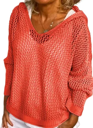 Women’s V-Neck Long Sleeve Sweaters, 2025 Spring Crochet Knit Sweaters for Women, Loose Fit Lightweight Blouse, Coral