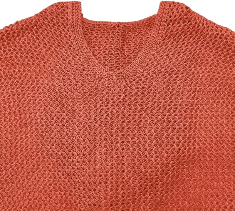 Women’s V-Neck Long Sleeve Sweaters, 2025 Spring Crochet Knit Sweaters for Women, Loose Fit Lightweight Blouse, Coral