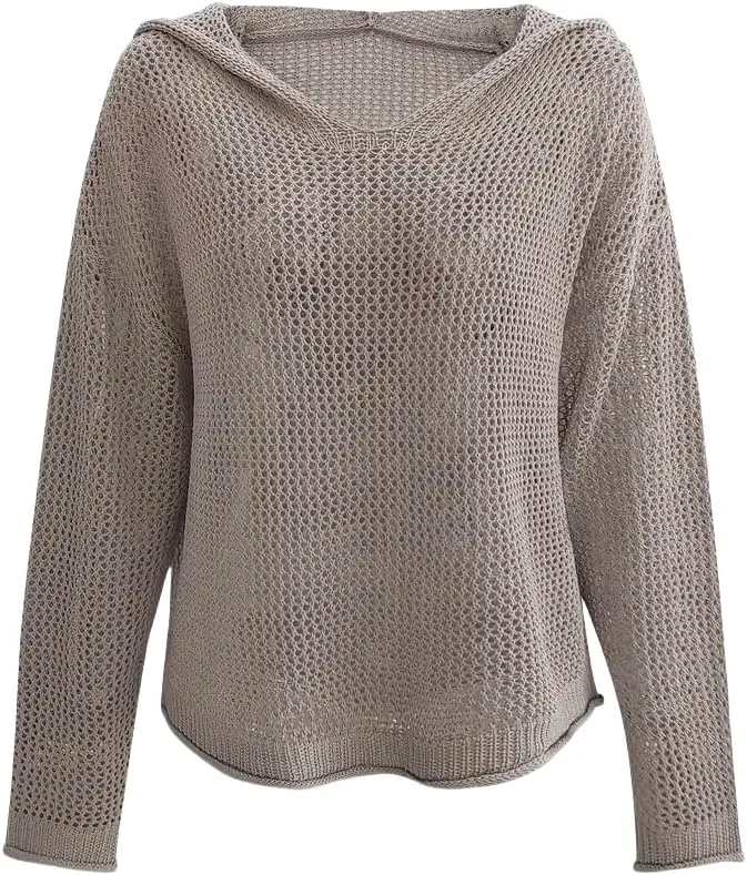 Women’s V-Neck Long Sleeve Sweaters, 2025 Spring Crochet Knit Sweaters for Women, Loose Fit Lightweight Blouse, Coral