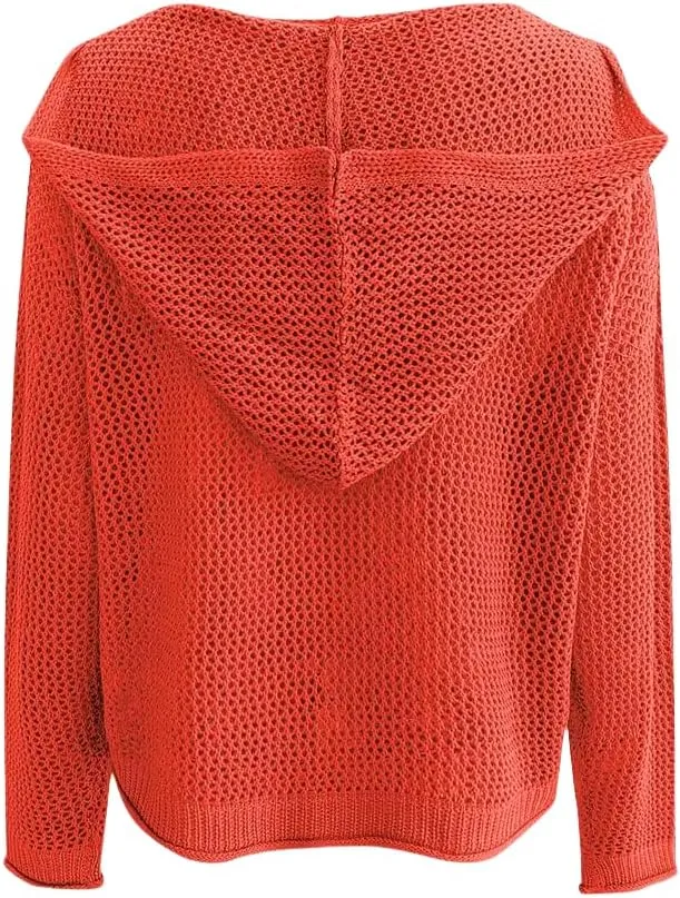Women’s V-Neck Long Sleeve Sweaters, 2025 Spring Crochet Knit Sweaters for Women, Loose Fit Lightweight Blouse, Coral
