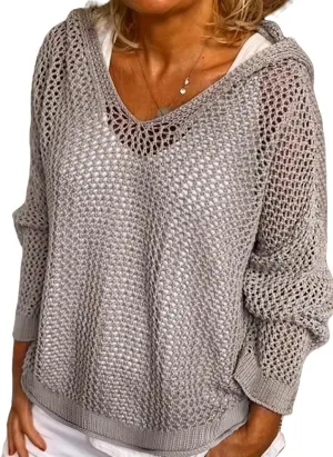 Women’s V-Neck Long Sleeve Sweaters, 2025 Spring Crochet Knit Sweaters for Women, Loose Fit Lightweight Blouse, Coral