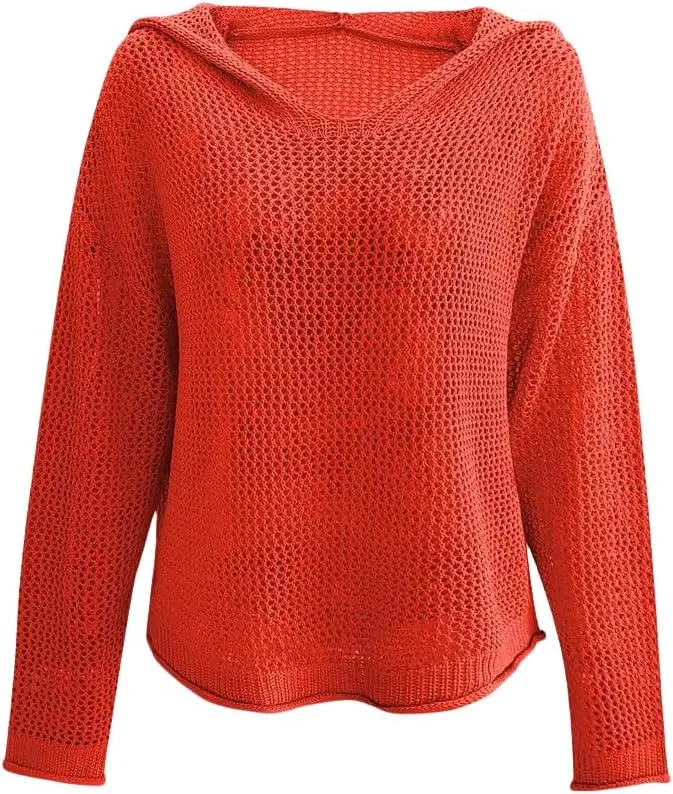 Women’s V-Neck Long Sleeve Sweaters, 2025 Spring Crochet Knit Sweaters for Women, Loose Fit Lightweight Blouse, Coral
