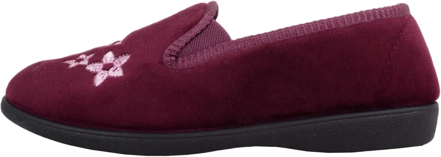 Womens Velour Style Slip On Twin Gusset Slippers Indoor Shoes with Floral Embroidery