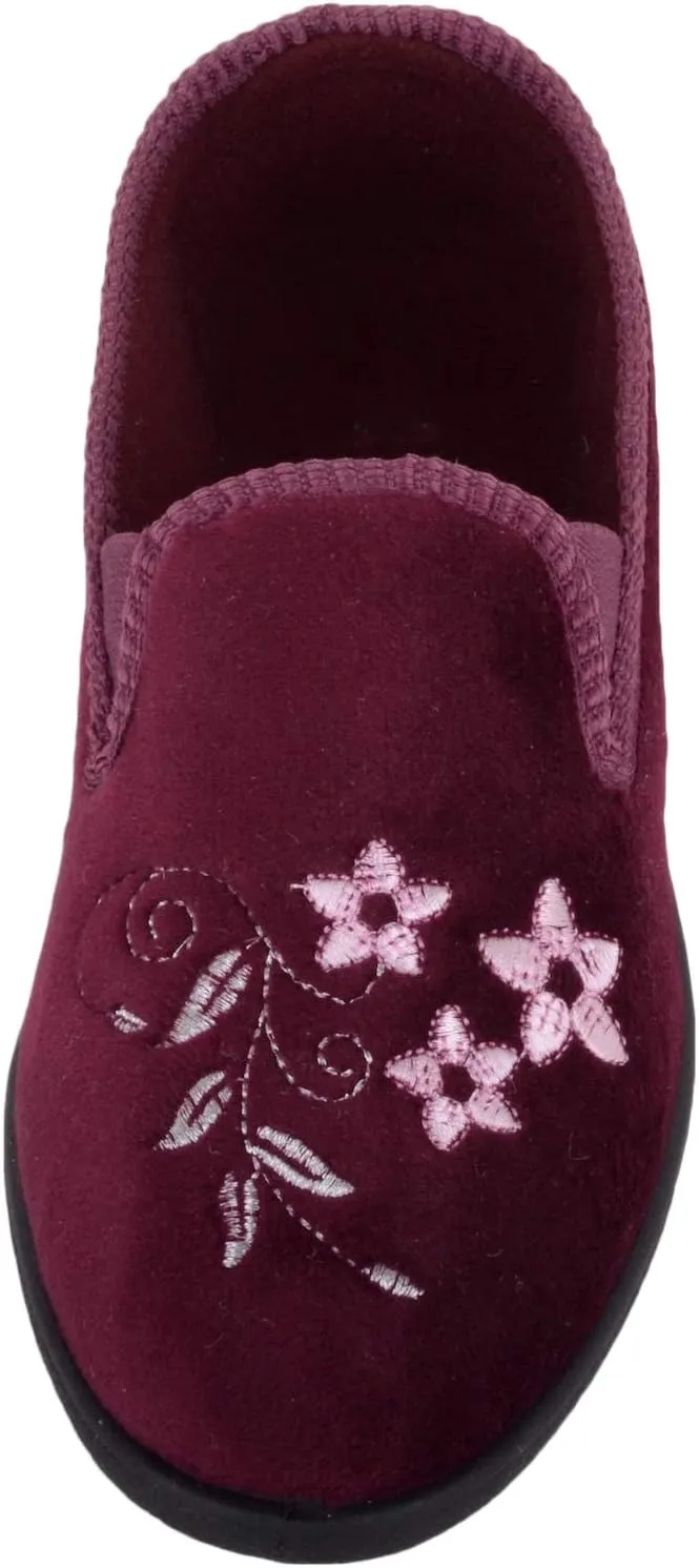 Womens Velour Style Slip On Twin Gusset Slippers Indoor Shoes with Floral Embroidery