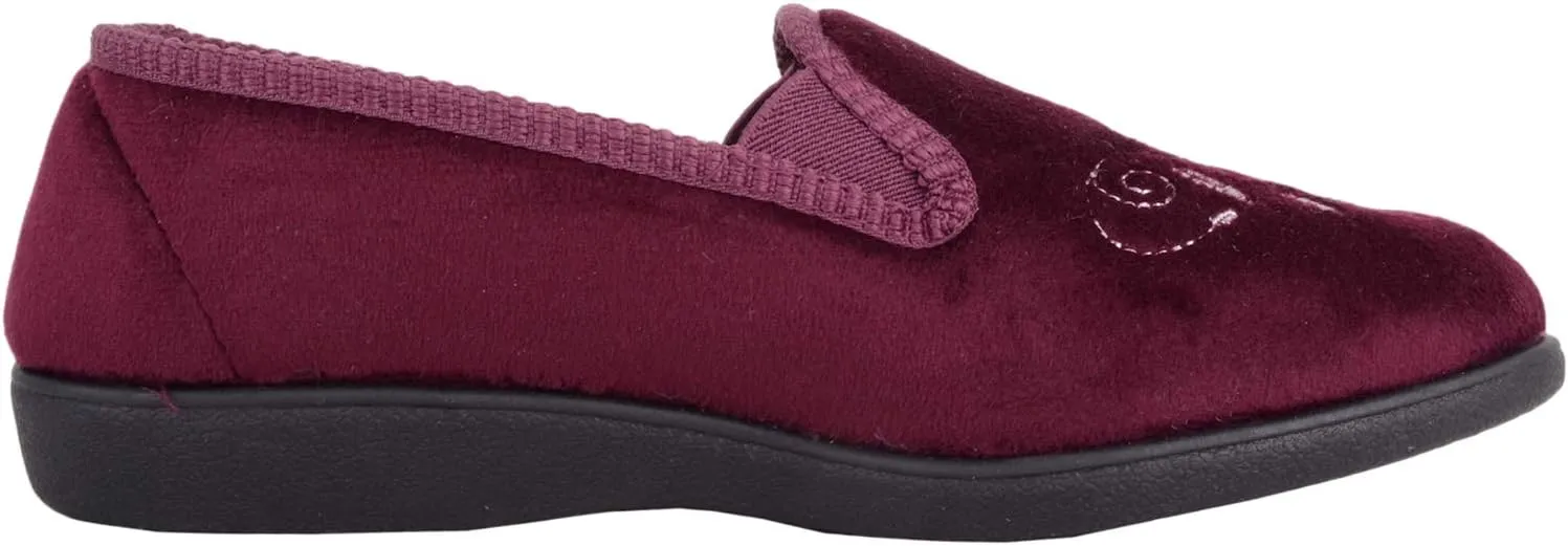 Womens Velour Style Slip On Twin Gusset Slippers Indoor Shoes with Floral Embroidery