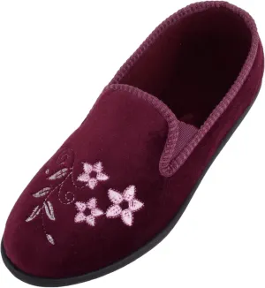 Womens Velour Style Slip On Twin Gusset Slippers Indoor Shoes with Floral Embroidery