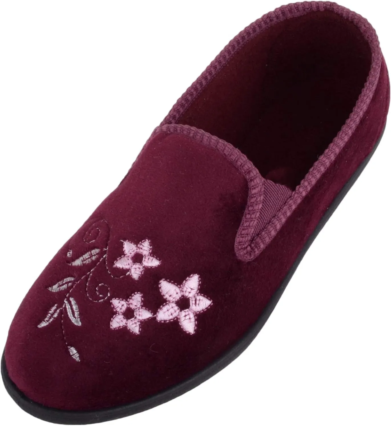 Womens Velour Style Slip On Twin Gusset Slippers Indoor Shoes with Floral Embroidery