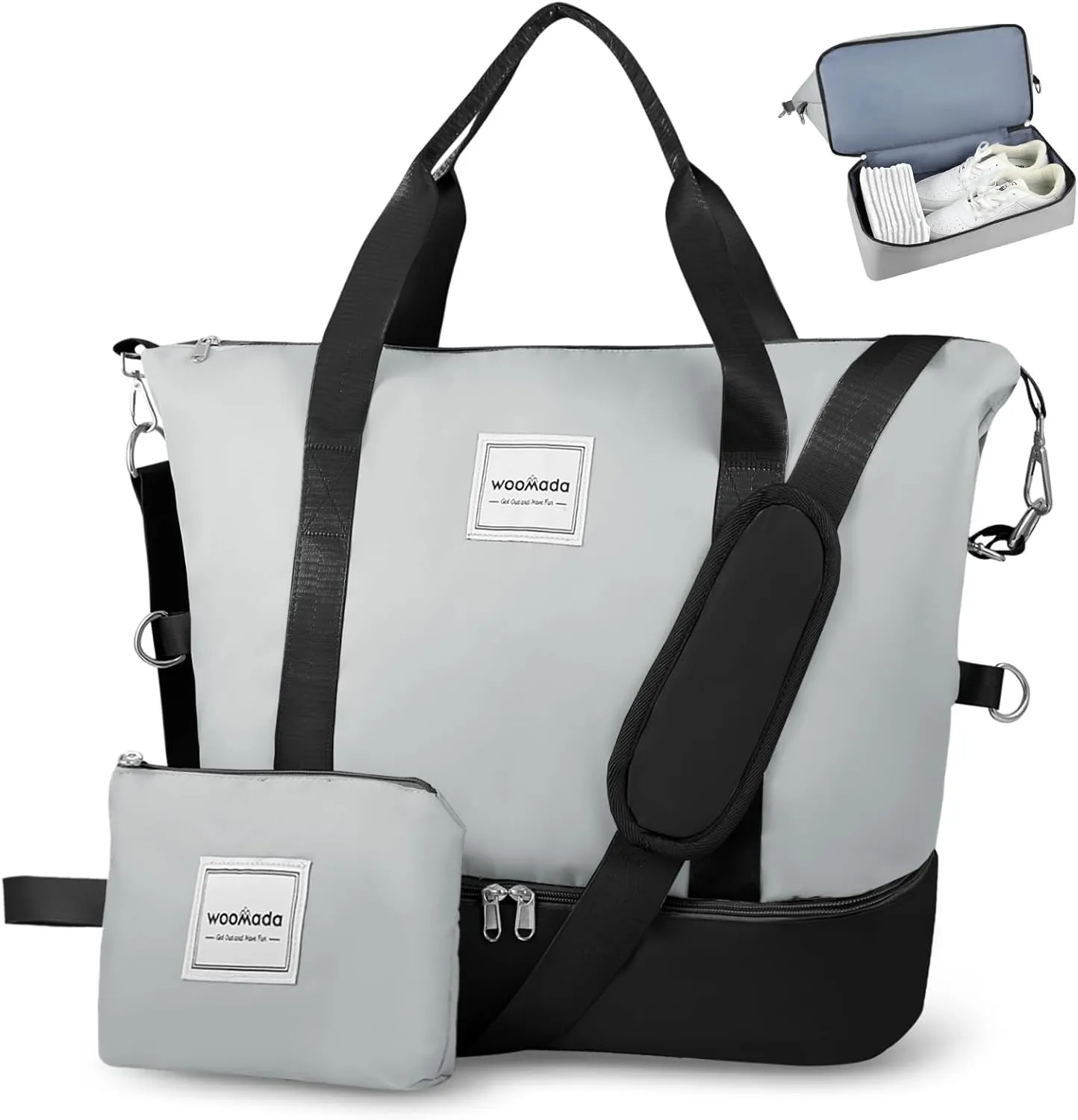 WOOMADA Weekender Bag for Women Travel, Overnight Bag with Shoe Compartment,Personal Item Travel Bag with Toiletry Bag(black&grey)
