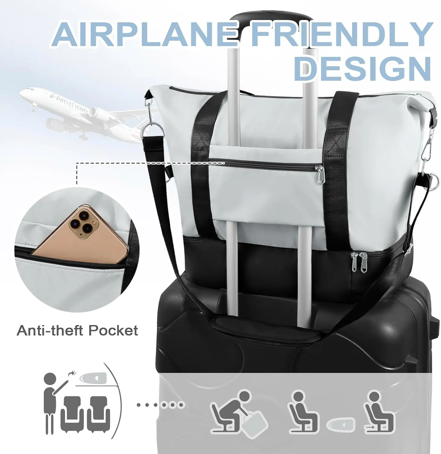 WOOMADA Weekender Bag for Women Travel, Overnight Bag with Shoe Compartment,Personal Item Travel Bag with Toiletry Bag(black&grey)