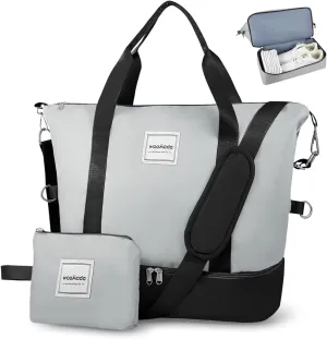 WOOMADA Weekender Bag for Women Travel, Overnight Bag with Shoe Compartment,Personal Item Travel Bag with Toiletry Bag(black&grey)