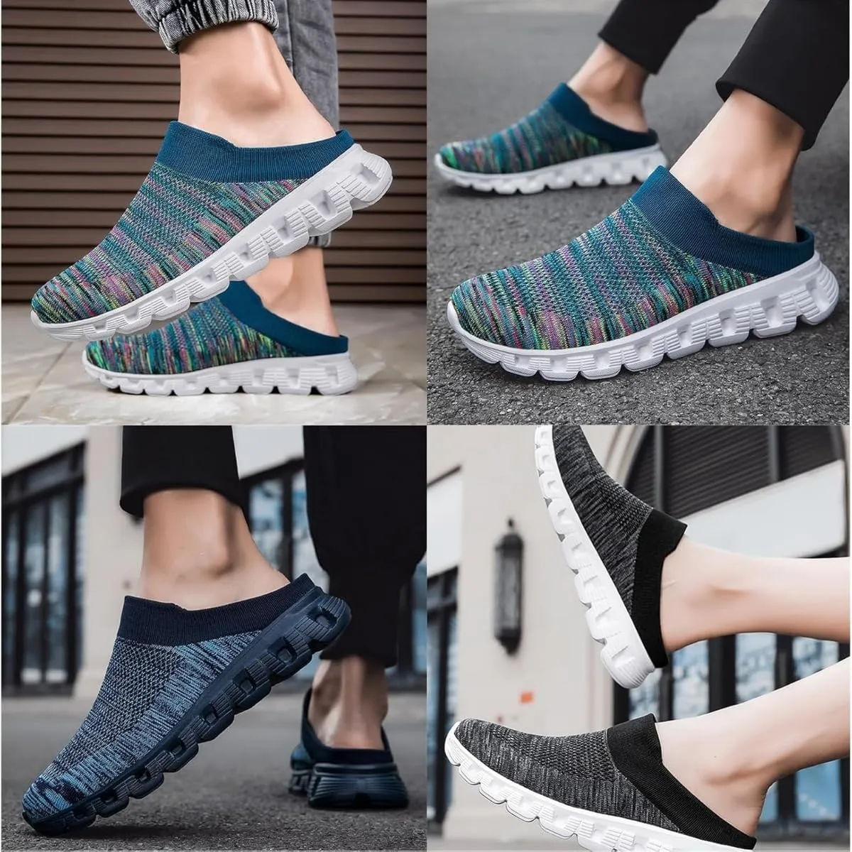 Woven Breathable Half Slippers for Men, Walking Mules with Arch Support, Summer Casual Hollow Out Mesh Slip On Slippers
