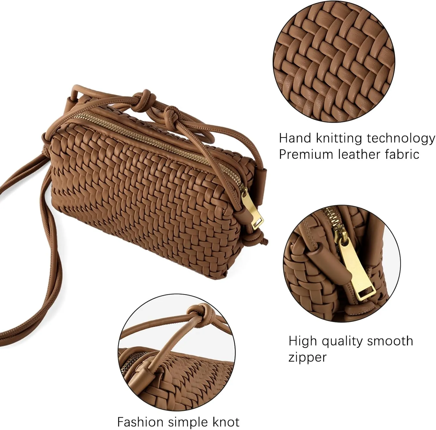 Woven Crossbody Bag Clutch Purse for Women,Small Vegan Leather Handmade Shoulderbag Handbag with Strap,Zipper Closure